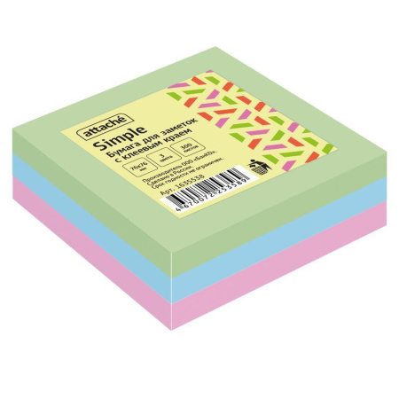 Стикеры Attache Simple 76х76 мм пастельные 3 цвета (1 блок, 300 листов)