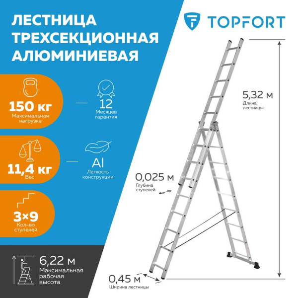 Лестница универсальная Topfort алюминиевая трехсекционная 3x9 ступеней   (1688095)