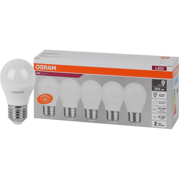 Лампа светодиодная Osram 7 Вт Е27 (Р, 4000 К, 560 Лм, 220 В, 5 штук в  упаковке, 4058075578227)