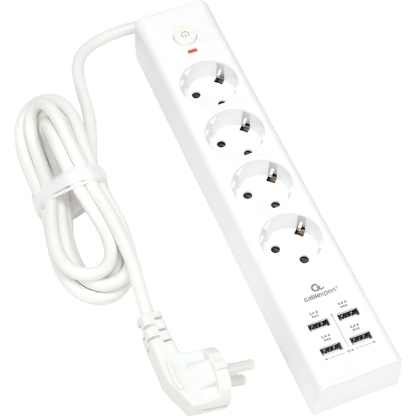 Сетевой фильтр Cablexpert Exnovo на 4 розетки 2 метра + 4 USB  (EXN-4-U4-W-2)