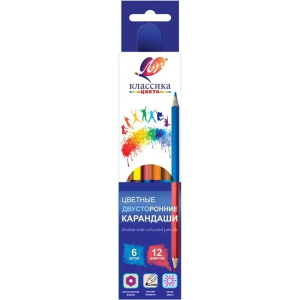 Карандаши цветные Луч Классика 6 карандашей 12 цветов шестигранные  (двусторонние)