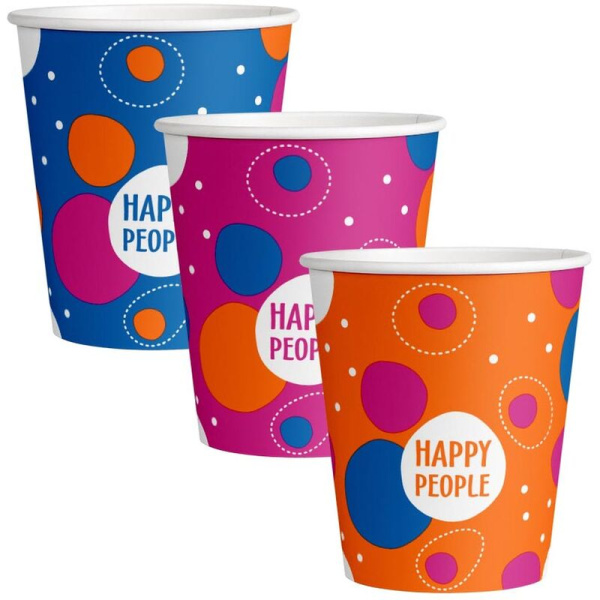 Стакан одноразовый бумажный Комус Happy People 250 мл (50 штук в  упаковке)