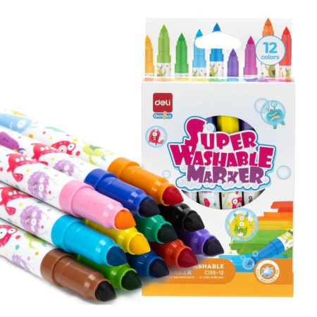Фломастеры Deli Super Washable Marker 12 цветов смываемые Фломастеры Deli Super Washable Marker 12 цветов смываемые