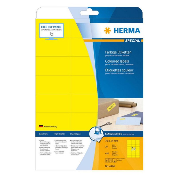 Этикетки самоклеящиеся Herma желтые 70х37 мм (24 штуки на листе А4, 20  листов в упаковке)