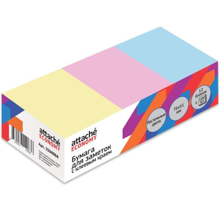 Стикеры 76x51 мм Attache Economy пастельные 3 цвета (12 блоков по 100  листов)