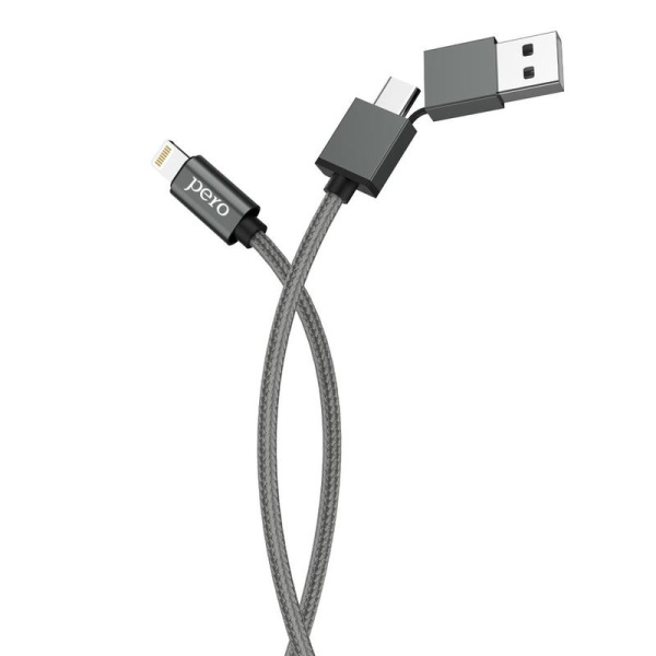 Кабель PERO, DC-07, 1м, Type-C/USB-A to Lightning, 20W, серый