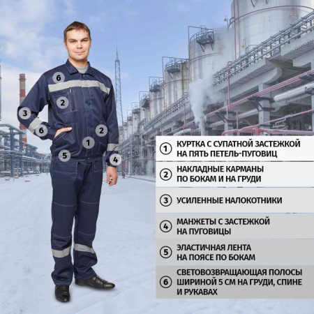 Костюм рабочий летний мужской л22-КПК с СОП темно-синий (размер 44-46, рост 182-188)