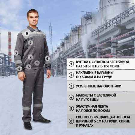 Костюм рабочий летний мужской л22-КПК с СОП темно-серый/светло-серый (размер 48-50, рост 158-164)