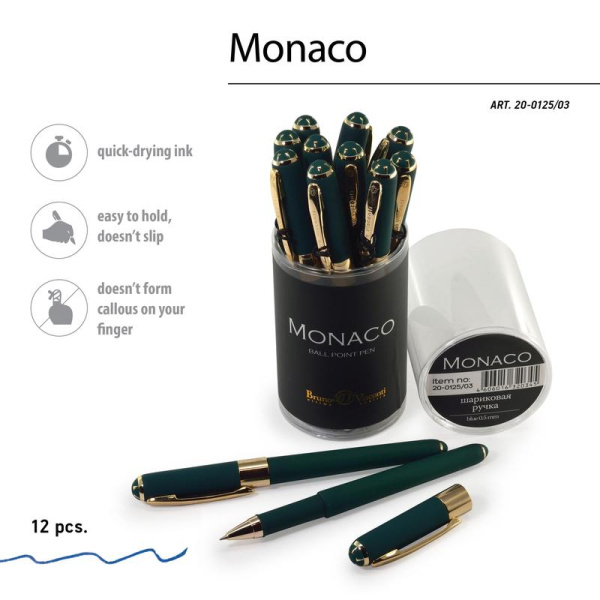 Ручка шариковая неавтоматическая Bruno Visconti Monaco синяя (зеленый   корпус, толщина линии 0.4 мм)