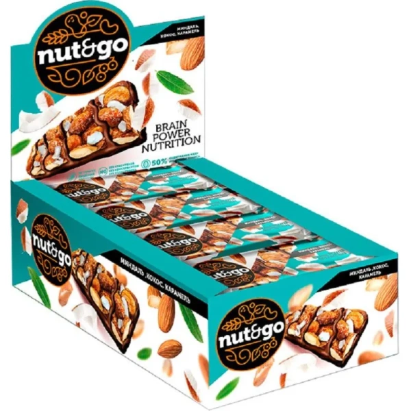 Батончик Nut N Go с миндалем/кокосом/карамелью 36г (18 штук в упаковке)