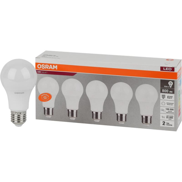 Лампа светодиодная Osram 10 Вт Е27 (А, 4000 К, 800 Лм, 220 В, 5 штук в  упаковке, 4058075577749)