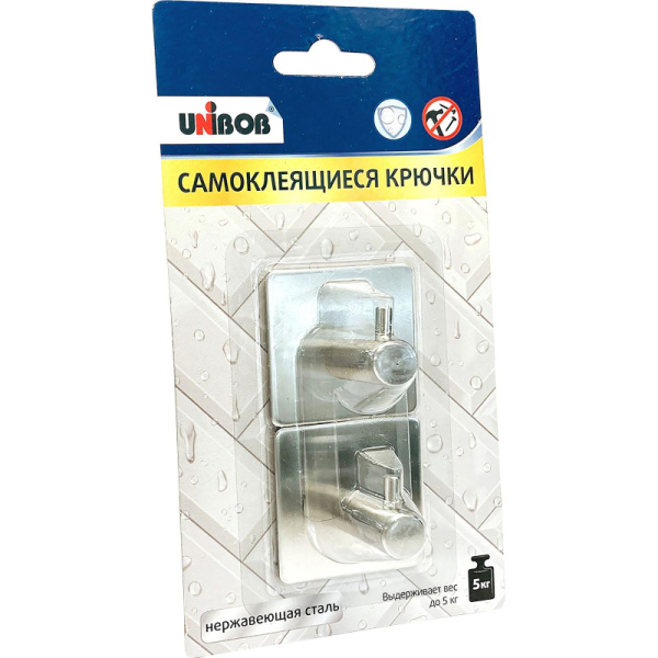 Крючок универсальный Unibob самоклеящийся серебристый до 5 кг (2 штуки)