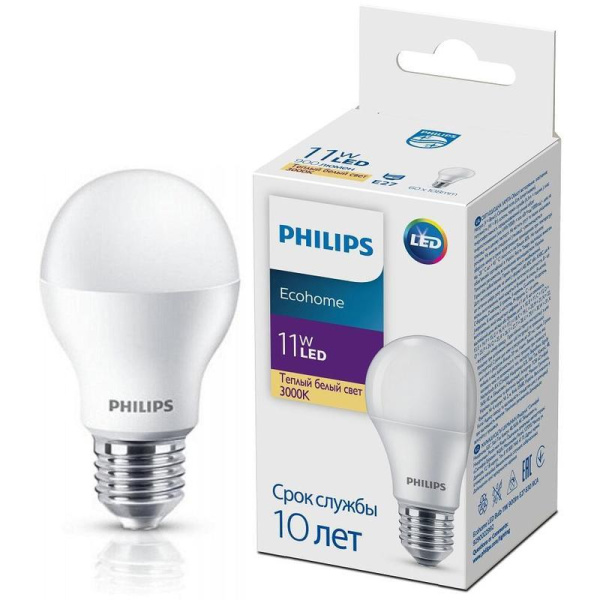 Лампа светодиодная Philips EcohomeLED Bulb А 11Вт E27 3000К 900Лм 220В  929002299217
