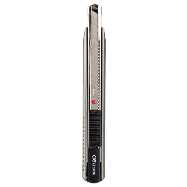 Нож канцелярский Deli E2036 усиленный с фиксатором серый (ширина лезвия  9 мм)