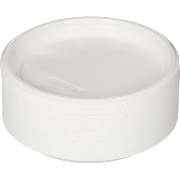Тарелка одноразовая пластиковая 220 мм белая 100 штук в упаковке Комус Стандарт