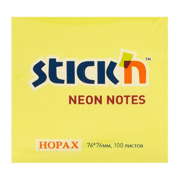 Стикеры Hopax Stick'n 76x76 мм неоновые желтые (1 блок, 100 листов)