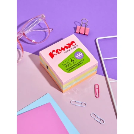 Стикеры Комус 76х76 мм неоновые 4 цвета (1 блок, 400 листов)