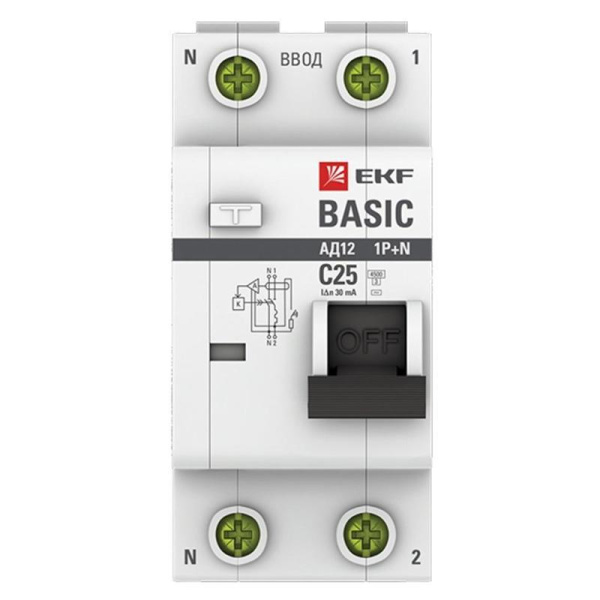 Выключатель автоматический дифференциальный EKF Basic 1п 25А С 30мА АC  (DA12-25-30-bas)
