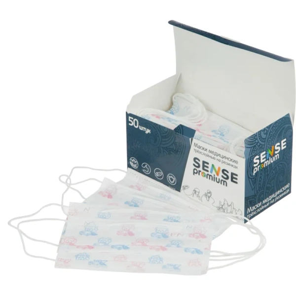 Маска медицинская одноразовая Sense Мишки детская трехслойная белая (50  штук в упаковке)