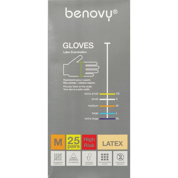 Перчатки медицинские смотровые латексные Benovy High Risk нестерильные неопудренные размер M (50 штук в упаковке)