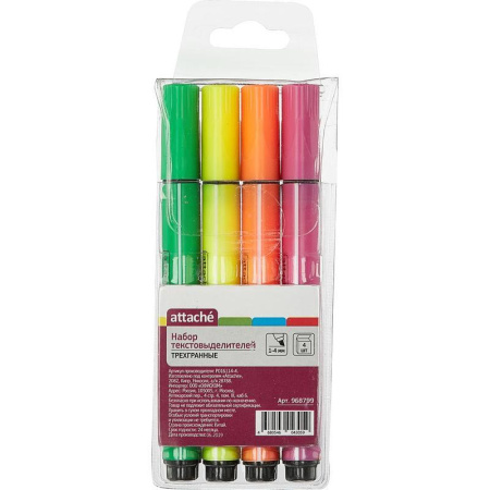 Набор текстовыделителей Attache (толщина линии 1-4 мм, 4 цвета: розовый, желтый, зеленый, оранжевый)