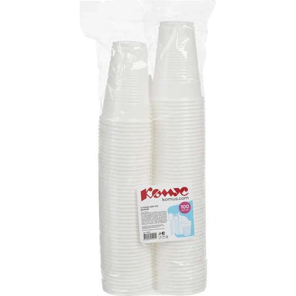 Стакан одноразовый пластиковый 200 мл белый 100 штук в упаковке Комус Эконом