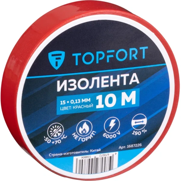 Изолента TOPFORT ПВХ 15 мм x 10 м красная (1687226)