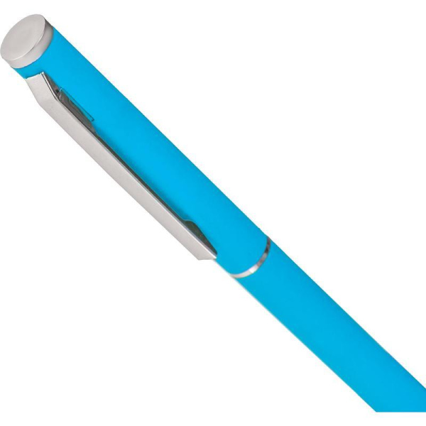 Ручка шариковая автоматическая синяя корпус soft touch  (голубой/серебристый корпус, толщина линии 0.7 мм)