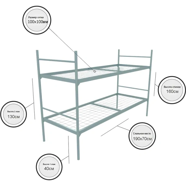 Кровать двухъярусная Хит+ металлическая (серый, 709х1350х1966 мм)