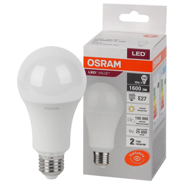 Лампа светодиодная Osram LED Value A груша 20Вт E27 3000K 1600Лм 220В  4058075579293