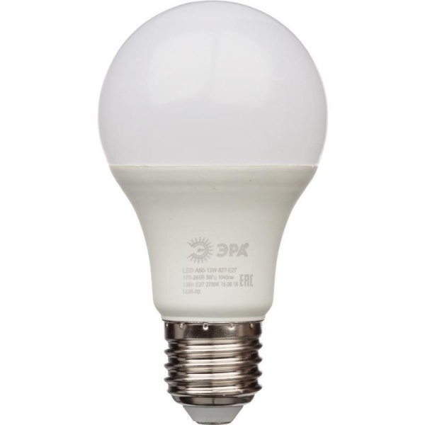 Лампа светодиодная Эра 13Вт E27 грушевидная 2700k теплый белый свет