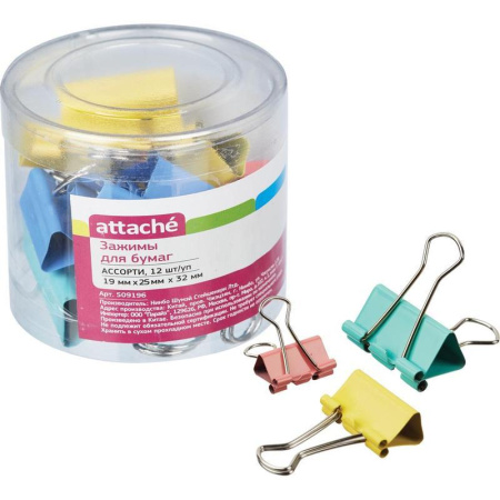Зажимы для бумаг Attache 19/25/32 мм цветные (12 штук в упаковке)