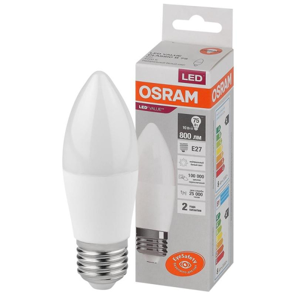Лампа светодиодная Osram LED Value B свеча 10Вт E27 4000К 800Лм 220В  4058075579569