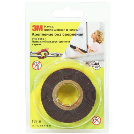 Клейкая лента двусторонняя монтажная универсальная 3M 5952F на  вспененной основе 12 мм x 1.5 м