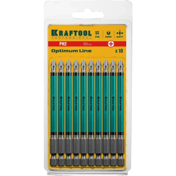 Бита магнитная Kraftool Optimum Line PH2 x 100 мм (10 штук в упаковке,  26122-2-100-10)