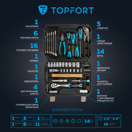 Набор инструмента автомобильный TOPFORT 55 предметов