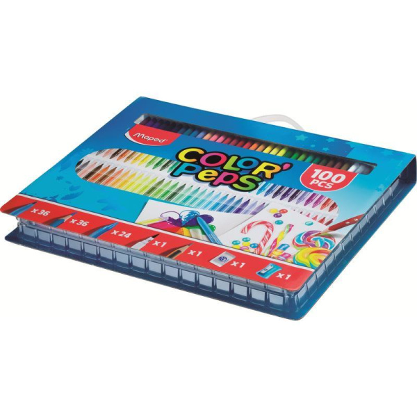 Набор для рисования Maped Color'peps Kit 100 предметов (36 фломастеров, 36 цветных карандашей, 24 восковых мелка, фломастер-кисточка, чернографитный карандаш, ластик, точилка)