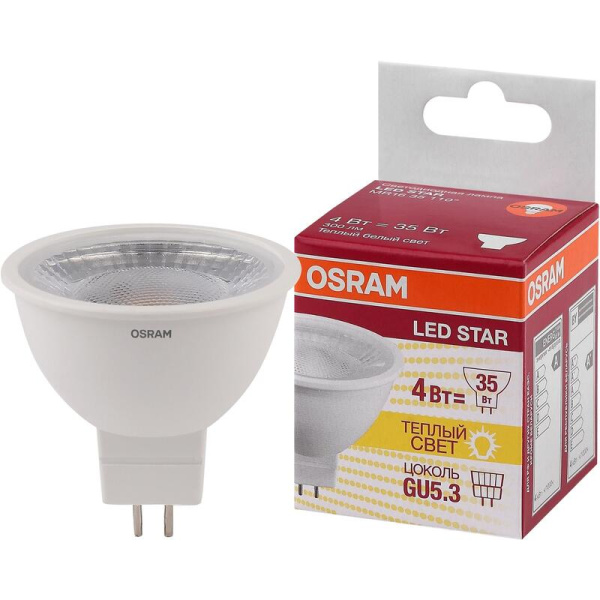 Лампа светодиодная Osram 4 Вт GU5.3 (MR, 3000 К, 300 Лм, 220 В,  4058075481107)