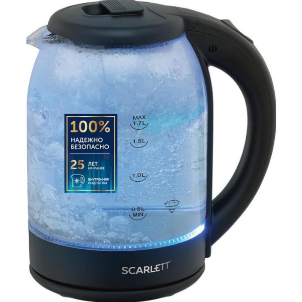 Чайник электрический SCARLETT SC-EK27G90, стекло, 1800Вт, 1.7л, черный