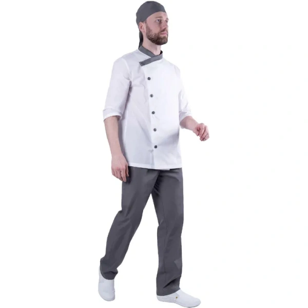 Костюм повара Бистро мужской белый/серый тиси рукав 3/4 (120 г/кв.м,  размер 48-50, рост 170-176)