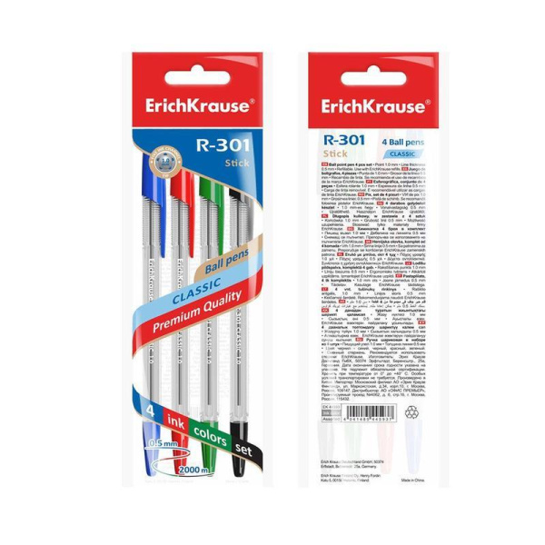 Набор шариковых ручек ErichKrause R-301 Classic Stick 4 цвета (толщина  линии 0.5 мм)