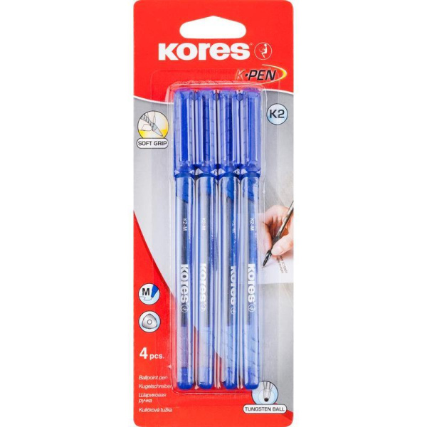 Ручка шариковая неавтоматическая одноразовая Kores K2 синяя (толщина  линии 0.7 мм, 4 штуки в наборе)