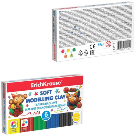 Пластилин восковой ErichKrause 6 цветов со стеком 78 г