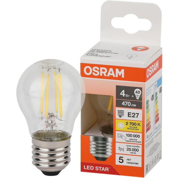 Лампа светодиодная Osram 4 Вт Е27 (Р, 2700 К, 470 Лм, 220 В,  4058075684607)
