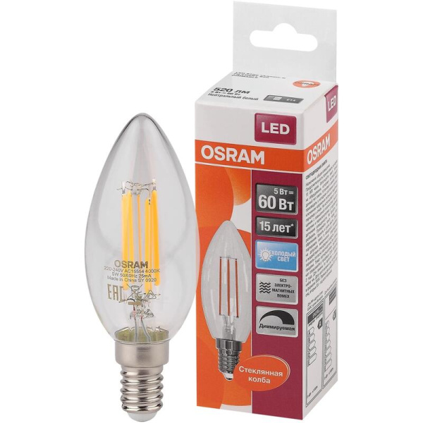 Лампа светодиодная Osram 5 Вт Е14 (В, 4000 К, 520 Лм, 220 В,  4058075230385)