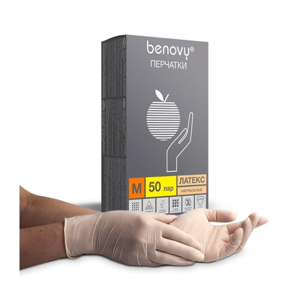 Перчатки медицинские смотровые латексные Benovy нестерильные опудренные  размер M (100 штук в упаковке)