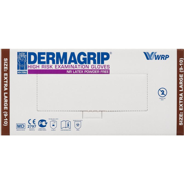 Перчатки латексные Dermagrip High Risk голубые (размер 9, XL, 50 штук/25  пар в упаковке)