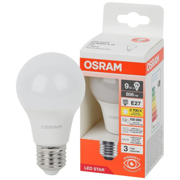 Лампа светодиодная Osram LS CLA75 груша 9 Вт E27 2700K 806Лм 170-250 В  (4058075695740)