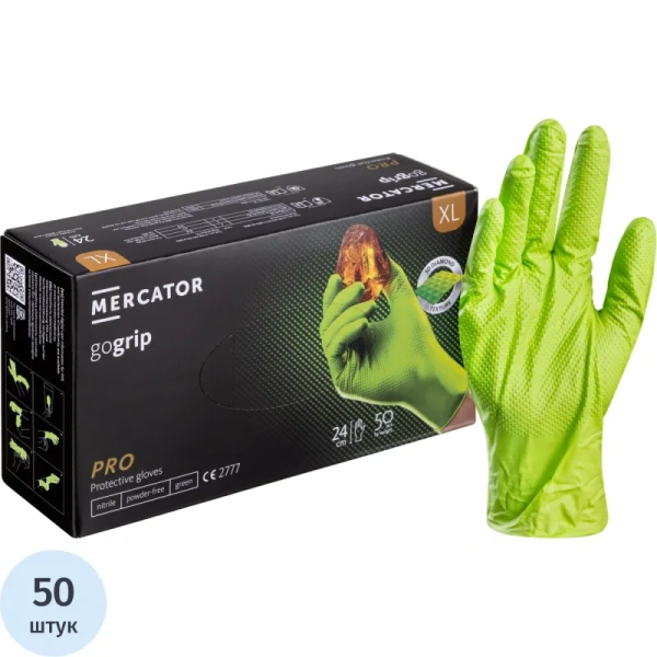 Перчатки одноразовые Gogrip Green нитриловые особопрочные зелёные  (размер XL, 50 штук/25 пар в упаковке)