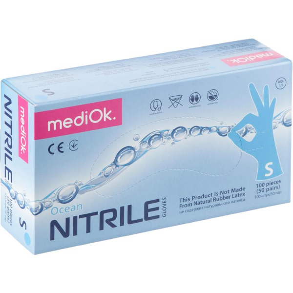Перчатки медицинские смотровые нитриловые MediOk Blue Sky нестерильные  неопудренные размер S (6.5-7) голубые (100 штук в упаковке)